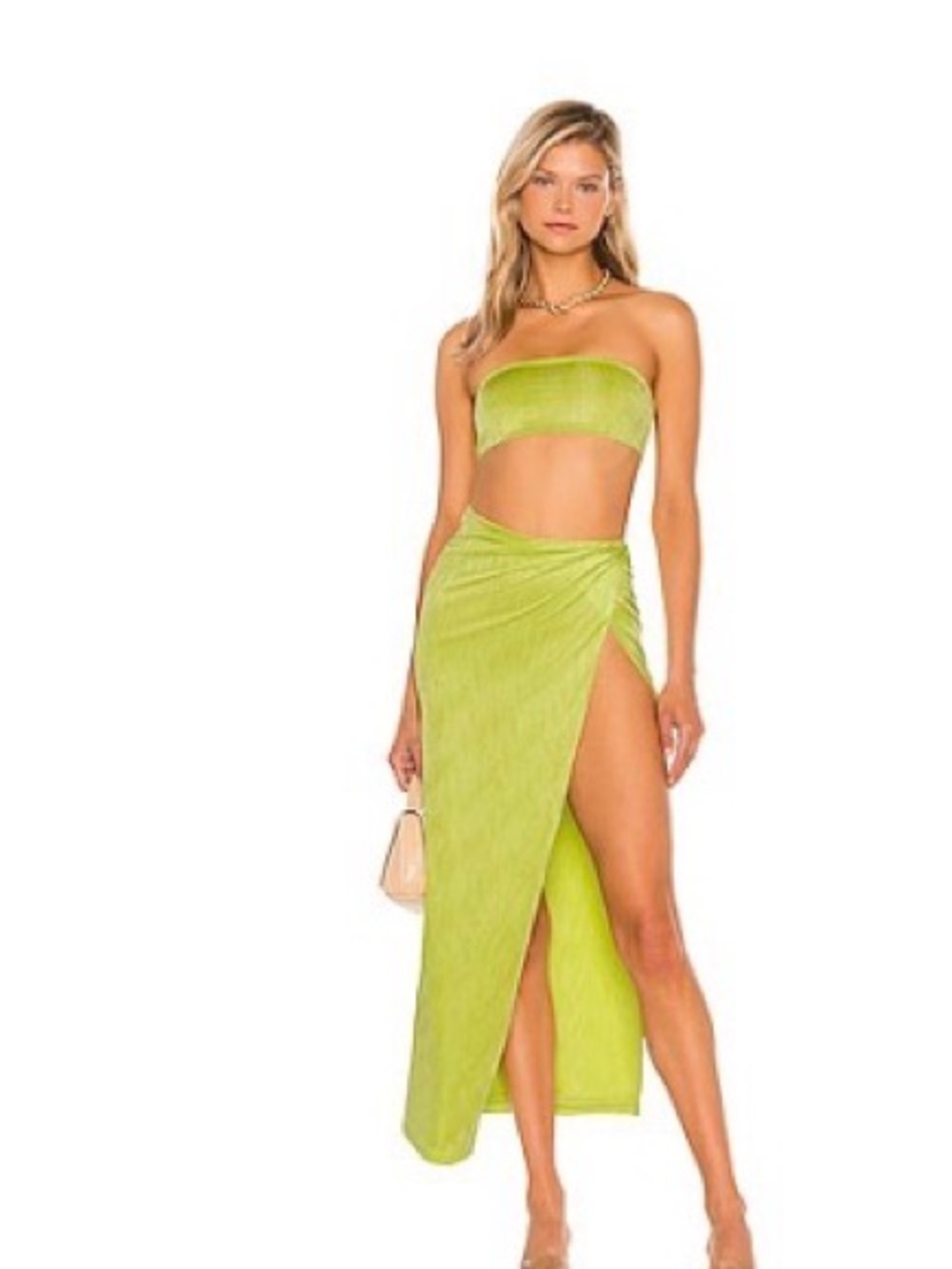 superdown Lime Green Wrap-Style High-Slit Maxi Skirt set